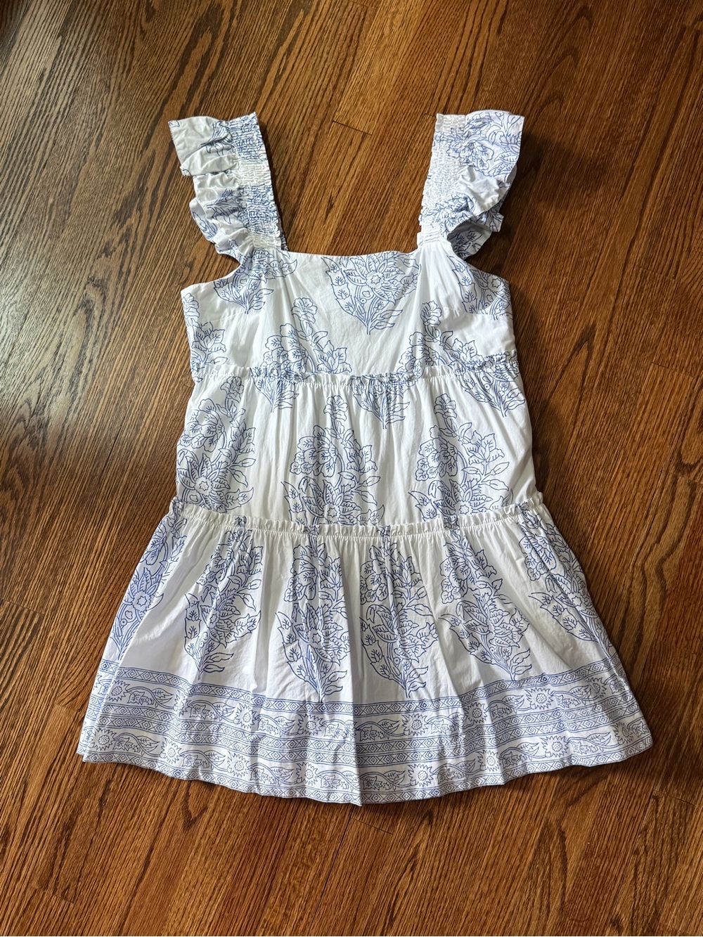 Oliphant White and Blue Floral Mediterranean Ruffle Strap Dress